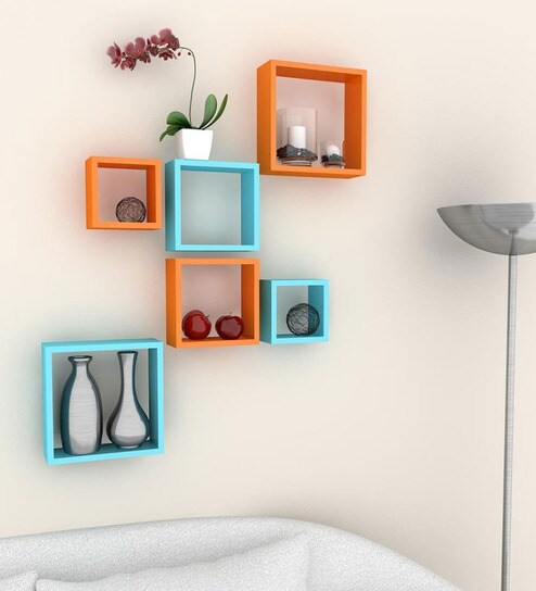 Buy Boxy Modular Wall Shelf Set Of 6 In Blue Orange Finish By
