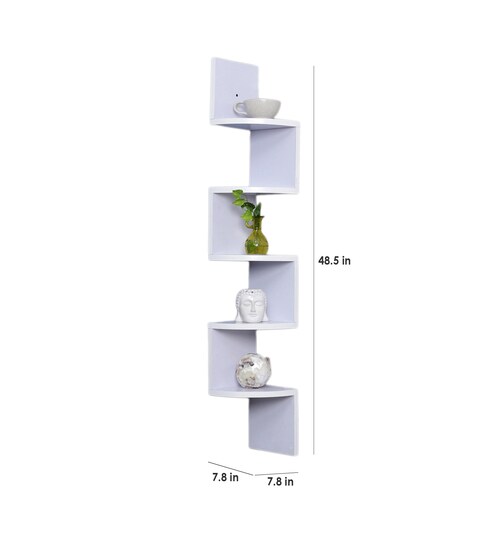 Buy Engineered Wood Zigzag Corner Wall Shelf In White Colour By