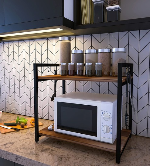 Brown Mild Steel & Engineered Wood Microwave Stand for Kitchen Counter