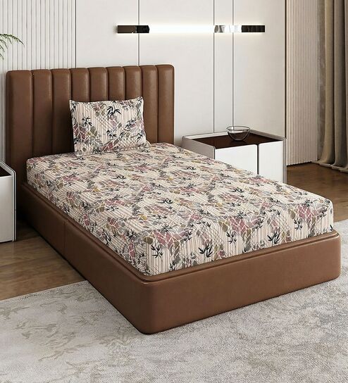Cream Abstract 180 TC Polyester Bedsheet With Single Size Bedsheet With 1 Pillow Cover