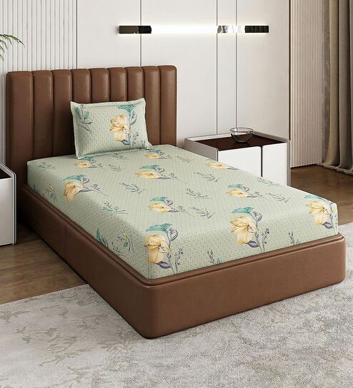 Green Floral 180 TC Polyester Bedsheet With Single Size Bedsheet With 1 Pillow Cover