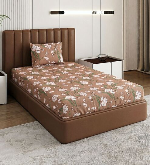 Brown Floral 180 TC Polyester Bedsheet With Single Size Bedsheet With 1 Pillow Cover