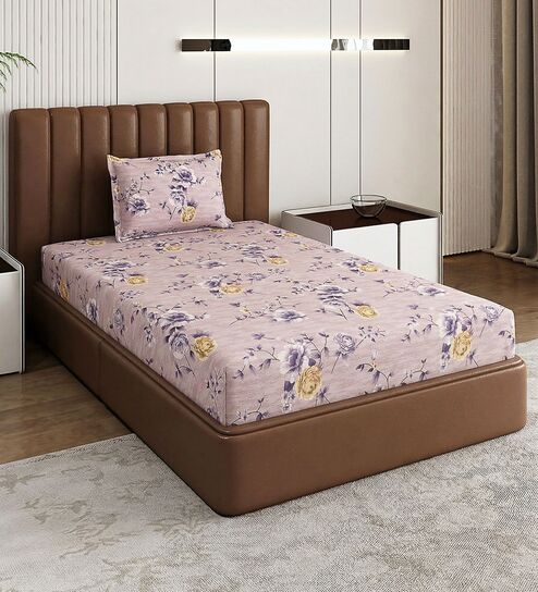 Purple Floral 180 TC Polyester Bedsheet With Single Size Bedsheet With 1 Pillow Cover