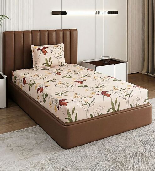 Beige Floral 180 TC Polyester Bedsheet With Single Size Bedsheet With 1 Pillow Cover