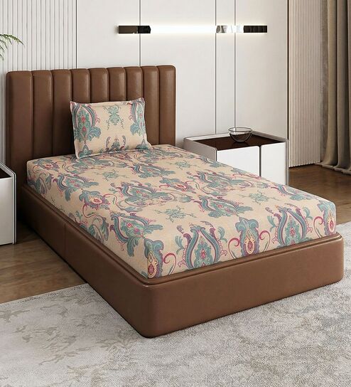 Beige Floral 180 TC Polyester Bedsheet With Single Size Bedsheet With 1 Pillow Cover
