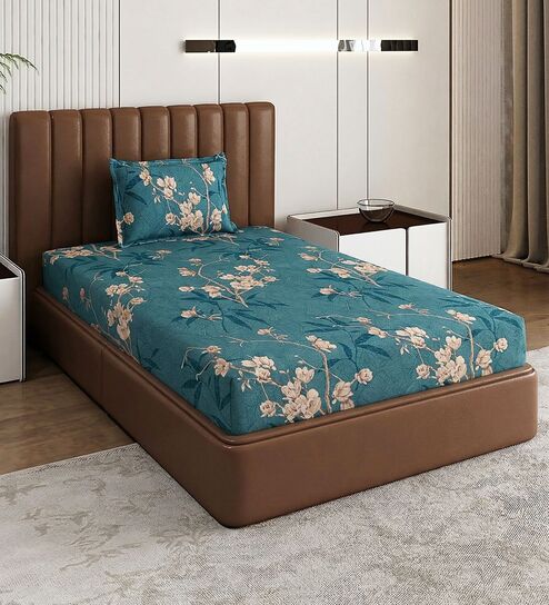 Green Floral 180 TC Polyester Bedsheet With Single Size Bedsheet With 1 Pillow Cover