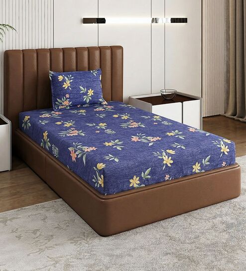 Blue Floral 180 TC Polyester Bedsheet With Single Size Bedsheet With 1 Pillow Cover