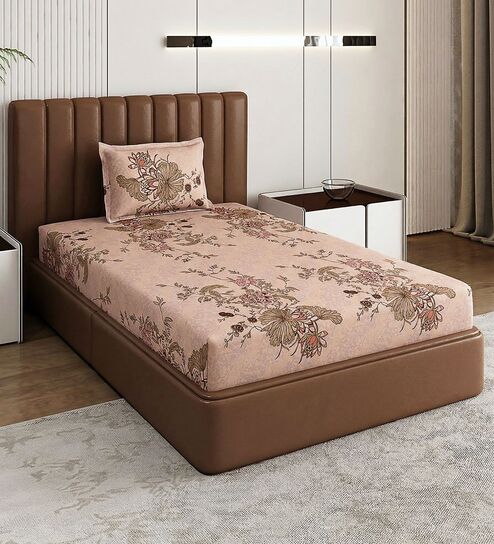 Beige Floral 180 TC Polyester Bedsheet With Single Size Bedsheet With 1 Pillow Cover