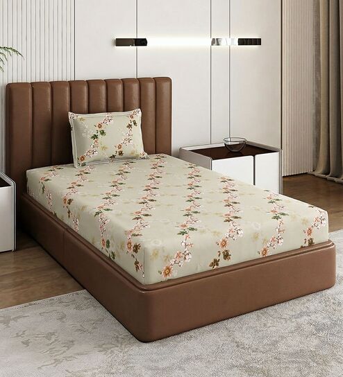 Green Floral 180 TC Polyester Bedsheet With Single Size Bedsheet With 1 Pillow Cover