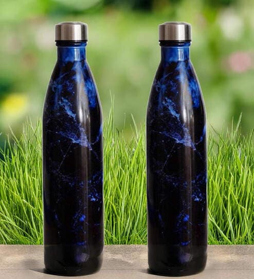Deep 1 Ltr Blue & Black Glass (Set of 2) Bottle