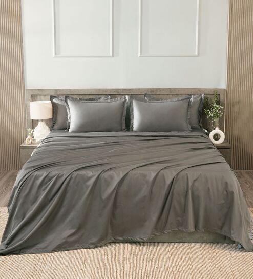 Grey 400TC 100% Cotton Solid Flat Super King Bedsheet With 2 Pillow Covers