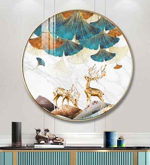 Deer And Leaves Premium Acrylic Round Wall Art