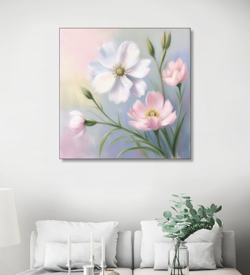 Pink and White Blooms Canvas Printed Wall Painting Black Frame
