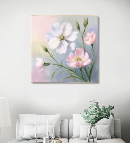 Pink and White Blooms Canvas Printed Wall Painting Gold Frame