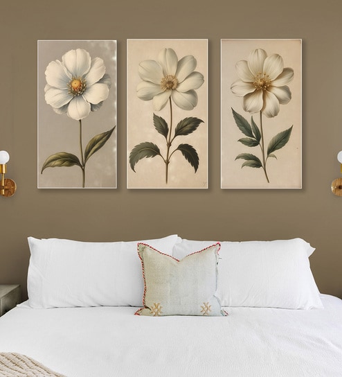 White Flower Canvas Series Set of 3 Printed Wall Painting White Frame