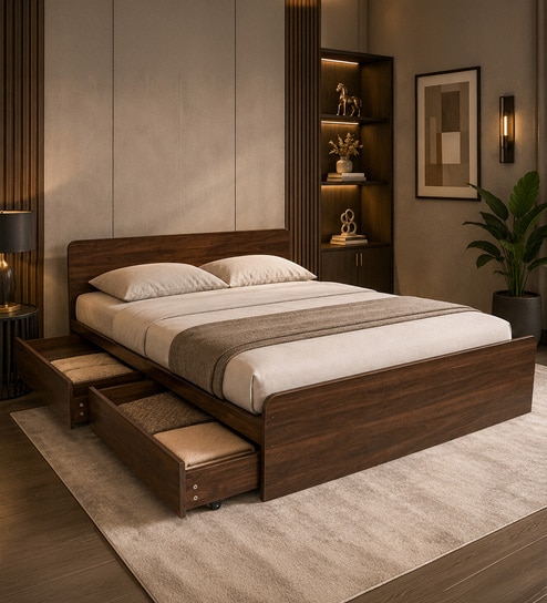 Den Queen Size Bed in Columbian Walnut Finish With Drawer Storage