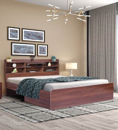 Den Queen Size Bed With Headboard & Drawer Storage In Columbian Walnut 