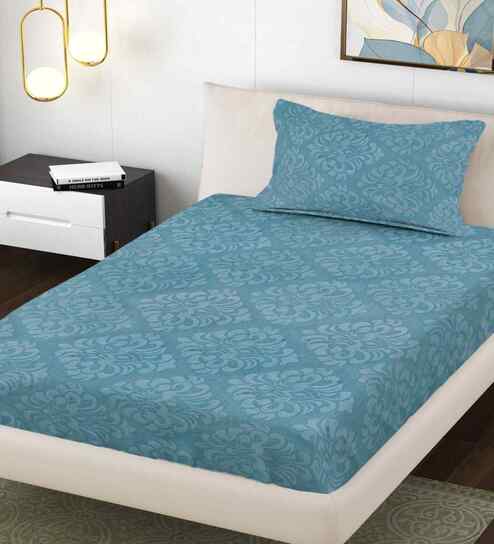 Denim Ethnic 300 TC Cotton Blend Embossed Single Bedsheet with 1 Pillow Cover