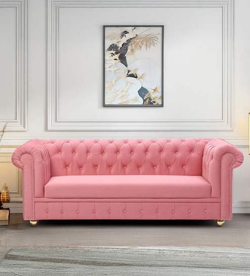 Derby Velvet Fabric 3 Seater Sofa in Blush Pink Color