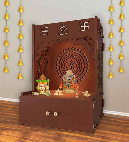 Brown Finish Designer Om Chakra Floor Temple with Spacious Wooden Shelf & Inbuilt Focus Light