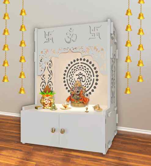 Designer Om Chakra Floor Temple with Spacious Wooden Shelf & Inbuilt Focus Light- White Finish