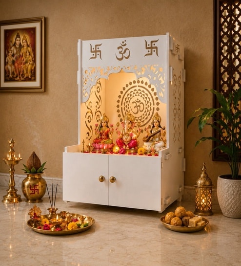 Designer Om Chakra White Wood Temple with Inbuilt Focus Light & Spacious Shelf