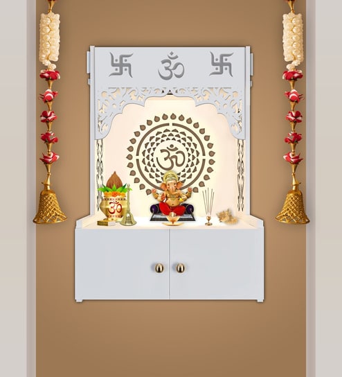 Designer Om Chakra White Wood Temple with Inbuilt Focus Light & Spacious Shelf