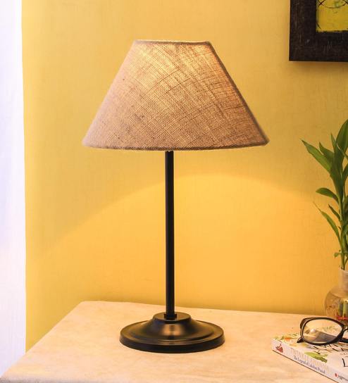 Designer Stick Wrought Iron Beige Jute Shade Table Lamp With Black Base