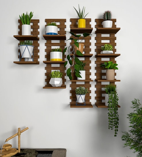 Designer Unique Pattern Dark Walnut Planter Shelves Set Of 4