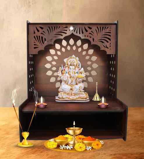 Designer Wooden Temple for Home with Spacious Shelf & Inbuilt Focus Lights