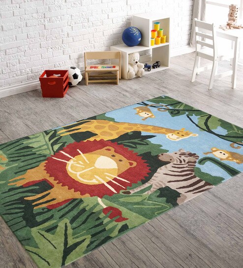 Buy Green Woolen Rectangular Jungle Kids Carpet By Designs View