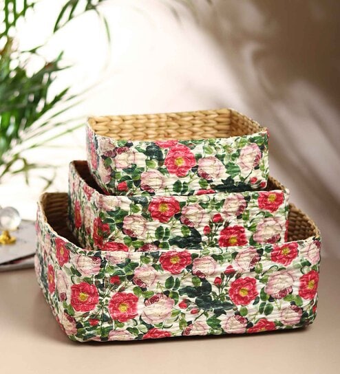 Set Of 3 Multicolor Seagrass Handmade Eco-Friendly Table Organizer & Storage Basket
