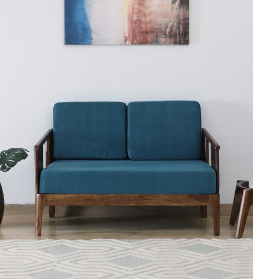 Desna Sheesham Wood 2 Seater Sofa In Blue Colour