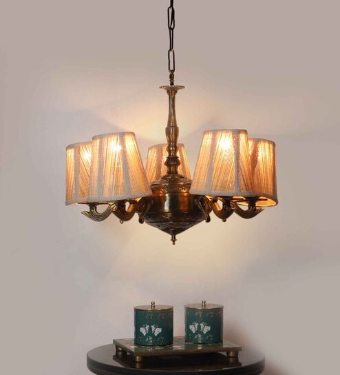 Devansh 05 Lights Bamboo  Conical  shade with Antique Golden Chandelier -R
