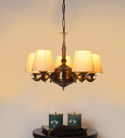 Devansh 05 Lights conical off-white cotton shade with Antique Golden Chandelier