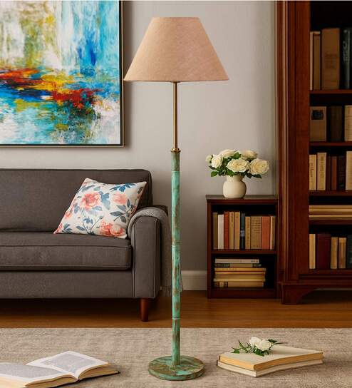 Devansh Beige cotton Drum shade with   floor lamp with wood base .-