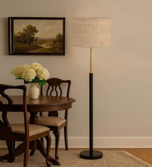 Devansh Beige cotton Drum shade with   floor lamp with wood base .-
