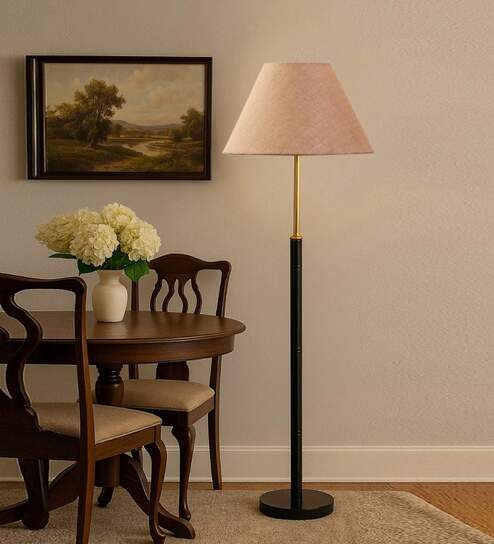 Devansh Beige cotton Drum shade with   floor lamp with wood base .-