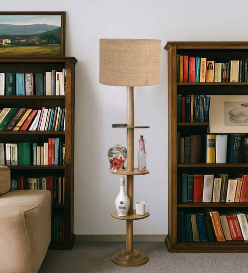 Devansh Beige cotton Drum shade with   floor lamp with wood base