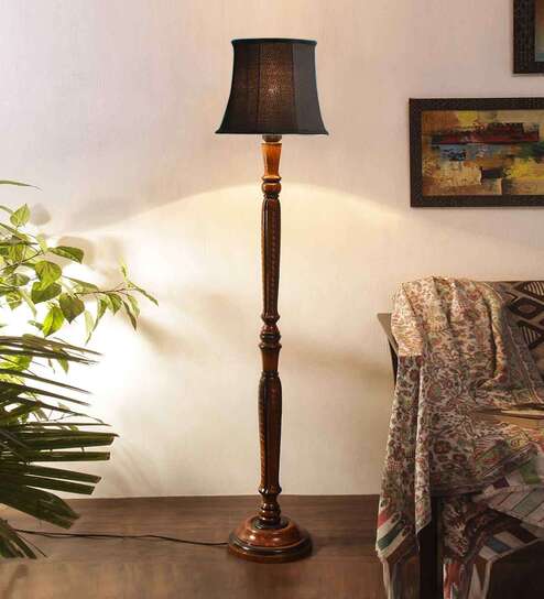 Black Cotton Wooden floor Lamp