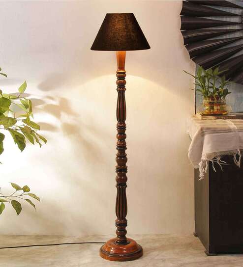 Black cotton conical wooden floor lamp