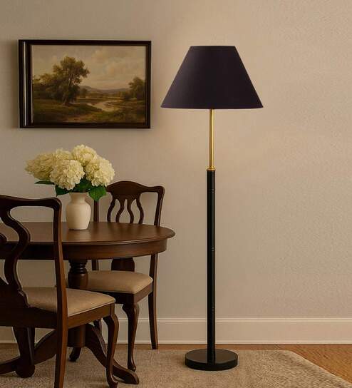 Devansh Black cotton Drum shade with   floor lamp with wood base .-