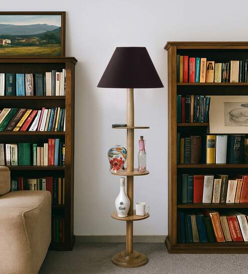 Devansh Black cotton Drum shade with   floor lamp with wood base .-