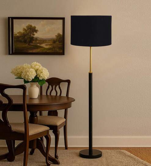 Devansh Black cotton Drum shade with   floor lamp with wood base .-