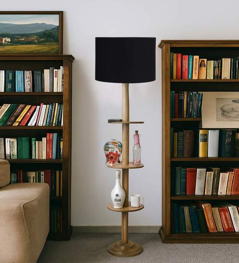 Devansh Black cotton Drum shade with   floor lamp with wood base