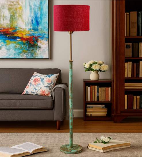 Devansh Blue cotton Drum shade with   floor lamp with wood base .-