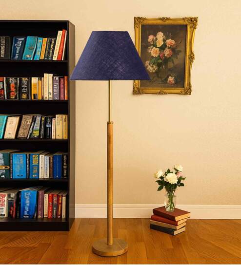 Devansh Blue cotton Drum shade with   floor lamp with wood base .-