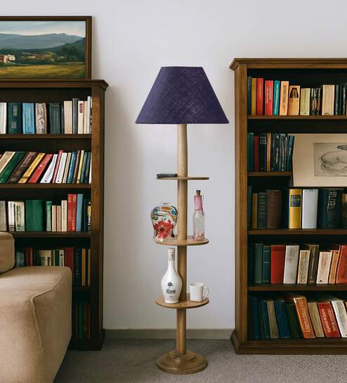 Devansh Blue cotton Drum shade with   floor lamp with wood base .-
