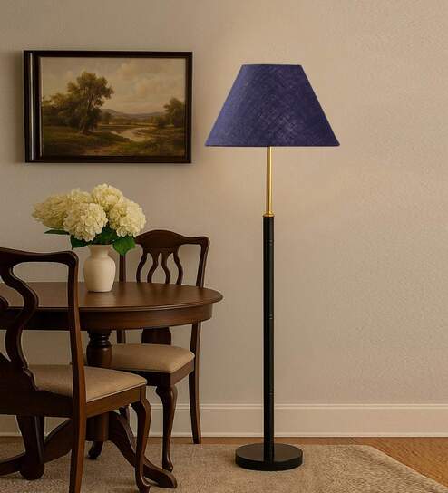 Devansh Blue cotton Drum shade with   floor lamp with wood base .-