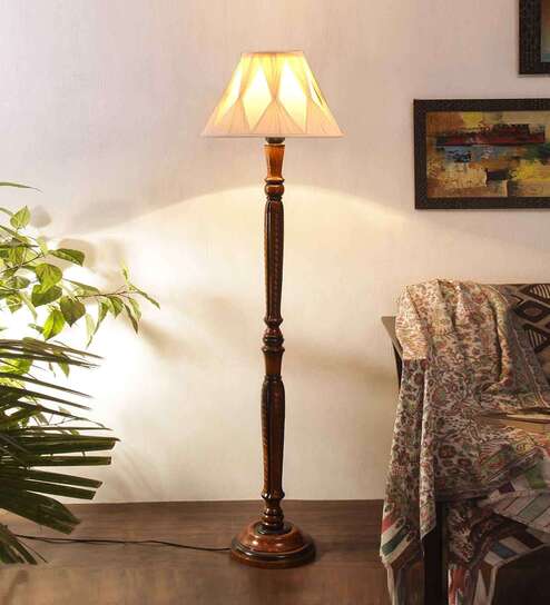 Curtain Pleated off white cotton Wooden Floor Lamp